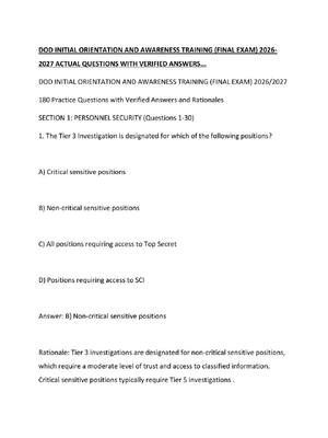 Preview of DOD INITIAL ORIENTATION AND AWARENESS TRAINING (FINAL EXAM) 2026-2027 ACTUAL QUESTIONS WIT