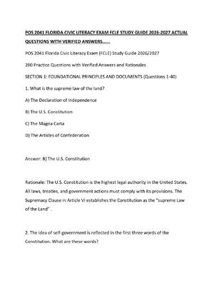 Preview of POS 2041 FLORIDA CIVIC LITERACY EXAM FCLE STUDY GUIDE 2026-2027 ACTUAL QUESTIONS WITH VERI