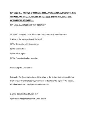 Preview of PAT 103 U.S.A. CITIZENSHIP TEST 2026-2027 ACTUAL QUESTIONS WITH VERIFIED ANSWERS.PAT 103 U