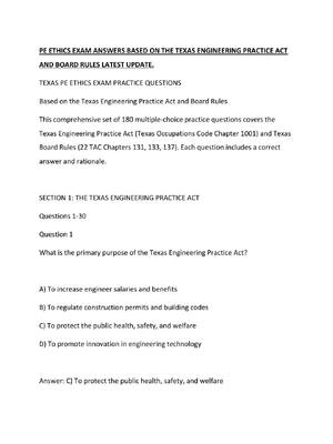 Preview of PE ETHICS EXAM ANSWERS BASED ON THE TEXAS ENGINEERING PRACTICE ACT AND BOARD RULES LATEST