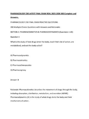 Preview of PHARMACOLOGY 230 LATEST FINAL EXAM REAL 2025-2026 300 Complete and Answers..