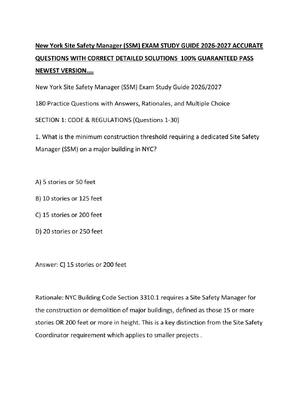 Preview of New York Site Safety Manager (SSM) EXAM STUDY GUIDE 2026-2027 ACCURATE QUESTIONS WITH CORR