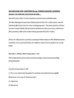 Preview of NLN NEX EXAM 2026  QUESTIONS &amp; VERIFIED ANSWERS  NATIONAL LEAGUE FOR NURSING EDUCATION