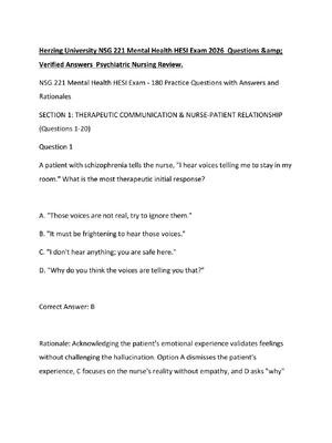 Preview of Herzing University NSG 221 Mental Health HESI Exam 2026  Questions