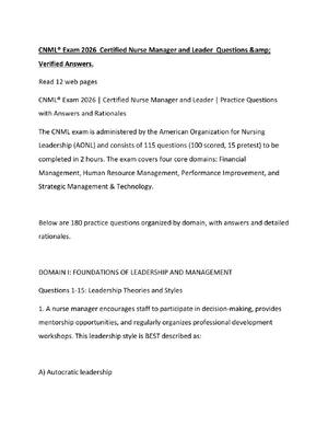 Preview of CNML® Exam 2026  Certified Nurse Manager and Leader  Questions &amp; Verified Answers.