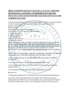 Preview of HESI PATHOPHYSIOLOGY HESI FINAL EXAM | VERIFIED  QUESTIONS & ANSWERS | COMPREHENSIVE HESI