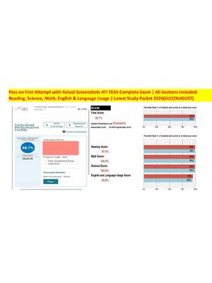 Preview of ATI TEAS 7 Exam Study packet – All 4 Subjects (Reading, Math, Science, English) | Complete 2026 Study Pack with Answer Keys Prepare effectively for the 2 026 intake with this comprehensive study pack covering all four subjects. Includes Actual questions, detailed answer keys, and strategies to boost your TEAS 7 score to Pass on First Attempt