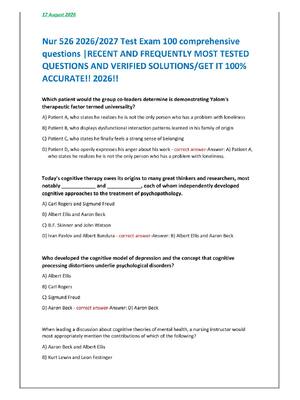 Preview of Nur 526 2026/2027 Test Exam 100 comprehensive  questions |RECENT AND FREQUENTLY MOST TESTED  QUESTIONS AND VERIFIED SOLUTIONS/GET IT 100%  ACCURATE!! 2026!!