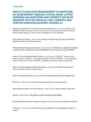 Preview of WGU C175/D426 DATA MANAGEMENT FOUNDATIONS  OA EXAM NEWEST 2026/2027 ACTUAL EXAM  LATEST  VERSIONS 300 QUESTIONS AND CORRECT DETAILED  ANSWERS WITH RATIONALES (100% CORRECT AND  VERIFIED ANSWERS)|ALREADY GRADED A+