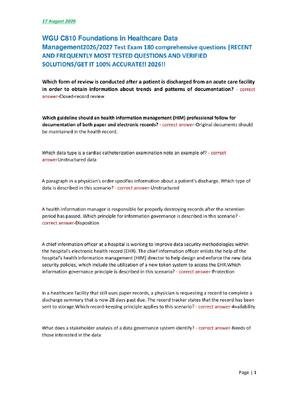 Preview image for WGU C810 Foundations in Healthcare Data  Management2026/2027 Test Exam 180 comprehensive questions  |RECENT AND FREQUENTLY MOST TESTED QUESTIONS AND VERIFIED  SOLUTIONS/GET IT 100% ACCURATE!! 2026!!