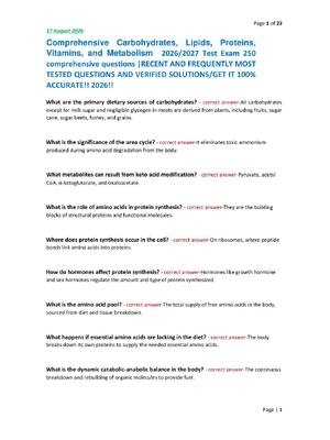 Preview image for Comprehensive Carbohydrates, Lipids, Proteins,  Vitamins, and Metabolism  2026/2027 Test Exam 250  comprehensive questions |RECENT AND FREQUENTLY MOST  TESTED QUESTIONS AND VERIFIED SOLUTIONS/GET IT 100%  ACCURATE!! 2026!!