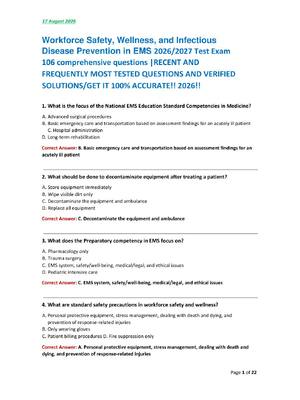 Preview image for Workforce Safety, Wellness, and Infectious  Disease Prevention in EMS 2026/2027 Test Exam  106 comprehensive questions |RECENT AND  FREQUENTLY MOST TESTED QUESTIONS AND VERIFIED  SOLUTIONS/GET IT 100% ACCURATE!! 2026!!