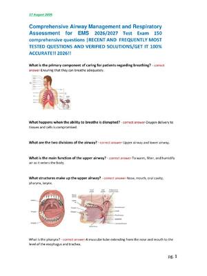 Preview image for Comprehensive Airway Management and Respiratory  Assessment for EMS 2026/2027 Test Exam 150  comprehensive questions |RECENT AND  FREQUENTLY MOST  TESTED QUESTIONS AND VERIFIED SOLUTIONS/GET IT 100%  ACCURATE!! 2026!!