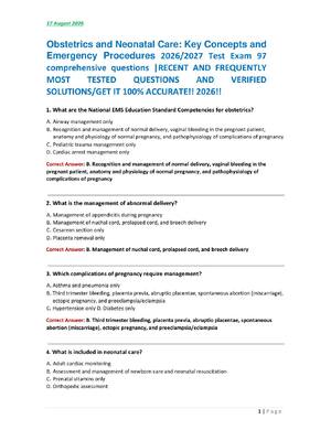 Preview image for Obstetrics and Neonatal Care: Key Concepts and  Emergency Procedures 2026/2027 Test Exam 97  comprehensive questions |RECENT AND FREQUENTLY  MOST TESTED QUESTIONS AND VERIFIED  SOLUTIONS/GET IT 100% ACCURATE!! 2026!!