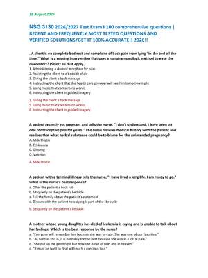 Preview of NSG 3130 2026/2027 Test Exam3 100 comprehensive questions |  RECENT AND FREQUENTLY MOST TESTED QUESTIONS AND  VERIFIED SOLUTIONS/GET IT 100% ACCURATE!! 2026!!