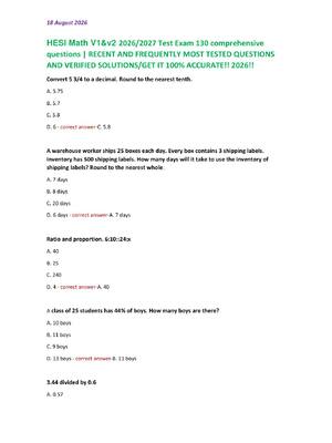 Preview of HESI Math V1&amp;v2 2026/2027 Test Exam 130 comprehensive  questions | RECENT AND FREQUENTLY MOST TESTED QUESTIONS  AND VERIFIED SOLUTIONS/GET IT 100% ACCURATE!! 2026!!