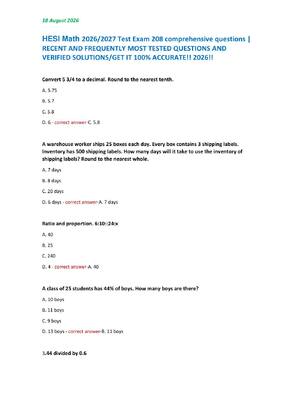 Preview of HESI Math 2026/2027 Test Exam 208 comprehensive questions |  RECENT AND FREQUENTLY MOST TE