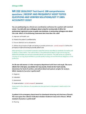 Preview of NR 222 2026/2027 Test Exam1 100 comprehensive  questions | RECENT AND FREQUENTLY MOST TEST