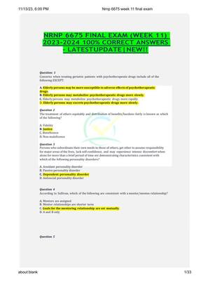Preview of NRNP 6675 FINAL EXAM (WEEK 11)  2023-2024 100% CORRECT ANSWERS – LATEST  UPDATE|NEW!!