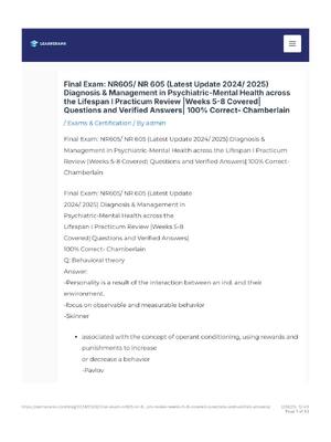 Preview of Final Exam: NR605/ NR 605 (Latest Update 2024/ 2025) Diagnosis & Management in Psychiatric