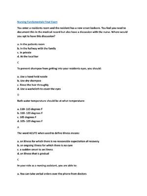 Preview of Fundamentals of Nursing Final Exam Practice Test &amp; Answer