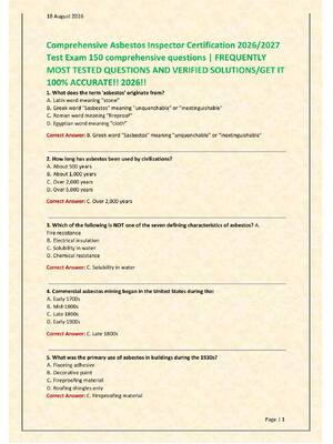 Preview of Comprehensive Asbestos Inspector Certification 2026/2027  Test Exam 150 comprehensive questions | FREQUENTLY  MOST TESTED QUESTIONS AND VERIFIED SOLUTIONS/GET IT  100% ACCURATE!! 2026!!
