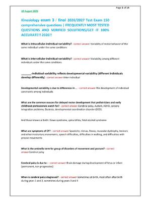 Preview of Kinesiology exam 3 / final 2026/2027 Test Exam 150 comprehensive questions | FREQUENTLY MO