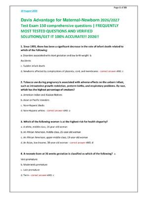Preview of Davis Advantage for Maternal-Newborn 2026/2027  Test Exam 150 comprehensive questions | FR