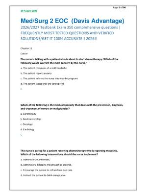 Preview of Med/Surg 2 EOC  (Davis Advantage)  2026/2027 Testbank Exam 350 comprehensive questions |