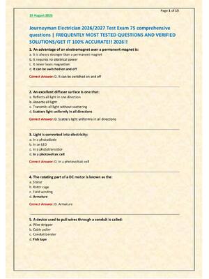 Preview image for Journeyman Electrician 2026/2027 Test Exam 75 comprehensive  questions | FREQUENTLY MOST TESTED QUESTIONS AND VERIFIED  SOLUTIONS/GET IT 100% ACCURATE!! 2026!!
