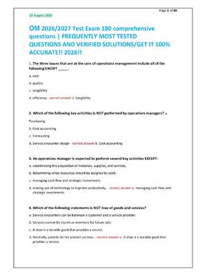Preview of OM 2026/2027 Test Exam 180 comprehensive  questions | FREQUENTLY MOST TESTED  QUESTIONS AN
