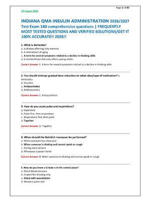 Preview of INDIANA QMA INSULIN ADMINISTRATION 2026/2027  Test Exam 180 comprehensive questions | FREQ