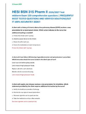 Preview of HESI BSN 315 Pharm II 2026/2027 Test  midterm Exam 120 comprehensive questions | FREQUENTL