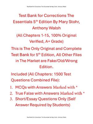 Preview of Test Bank For Corrections The Essentials 5th Edition By Mary Stohr, Anthony Walsh