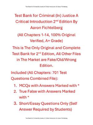 Preview of Test Bank For Criminal (In) Justice A Critical Introduction 2nd Edition By Aaron Fichtelbe