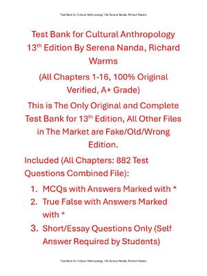Preview of Test Bank For Cultural Anthropology 13th Edition By Serena Nanda, Richard Warms