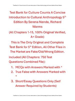 Preview of Test Bank For Culture Counts A Concise Introduction to Cultural Anthropology 5th Edition B