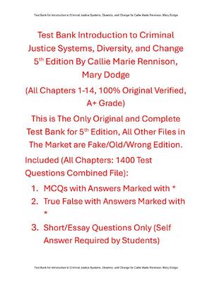 Preview of Test Bank For Introduction to Criminal Justice Systems, Diversity, and Change 5th Edition