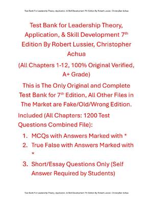 Preview of Test Bank For Leadership Theory, Application, & Skill Development 7th Edition By Robert Lu