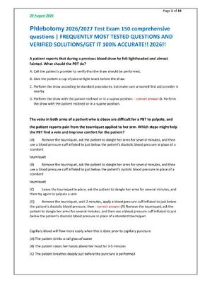 Preview of Phlebotomy 2026/2027 Test Exam 150 comprehensive  questions | FREQUENTLY MOST TESTED QUESTIONS AND  VERIFIED SOLUTIONS/GET IT 100% ACCURATE!! 2026!!