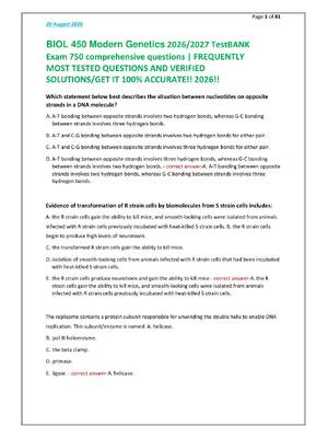 Preview of BIOL 450 Modern Genetics 2026/2027 TestBANK  Exam 750 comprehensive questions | FREQUENTLY