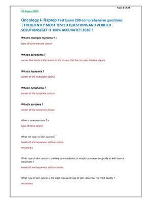 Preview of Oncology I- Rxprep Test Exam 200 comprehensive questions  | FREQUENTLY MOST TESTED QUESTIO