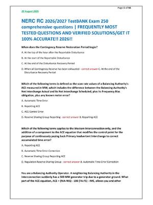 Preview of NERC RC 2026/2027 TestBANK Exam 250  comprehensive questions | FREQUENTLY MOST  TESTED QUE