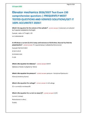 Preview of Elevator mechanics 2026/2027 Test Exam 150  comprehensive questions | FREQUENTLY MOST  TES