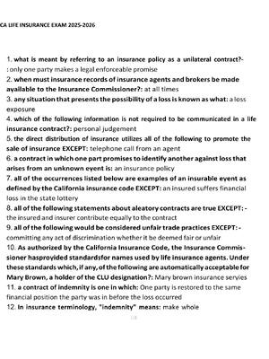 Preview image for CA LIFE INSURANCE EXAM 2025-2026 Questions and Answers! 100% CORRECT ANSWERS ALREADY RATED A+