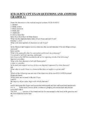 Preview of ICD-10-PCS/ CPT EXAM QUESTIONS AND ANSWERS GRADED A+