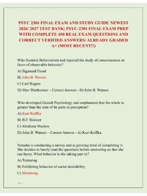 Preview of PSYC 2301 FINAL EXAM AND STUDY GUIDE NEWEST  2026/ 2027 TEST BANK| PSYC-2301 FINAL EXAM PR