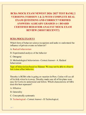 Preview of BCBA MOCK EXAM NEWEST 2026/ 2027 TEST BANK| 2  VERSIONS (VERSION 1 & 2) WITH COMPLETE REAL