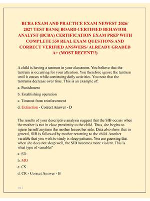 Preview of BCBA EXAM AND PRACTICE EXAM NEWEST 2026/  2027 TEST BANK| BOARD CERTIFIED BEHAVIOR  ANALYS