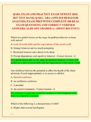 Preview of QABA EXAM AND PRACTICE EXAM NEWEST 2026/  2027 TEST BANK| QABA / ABA (APPLIED BEHAVIOR  AN